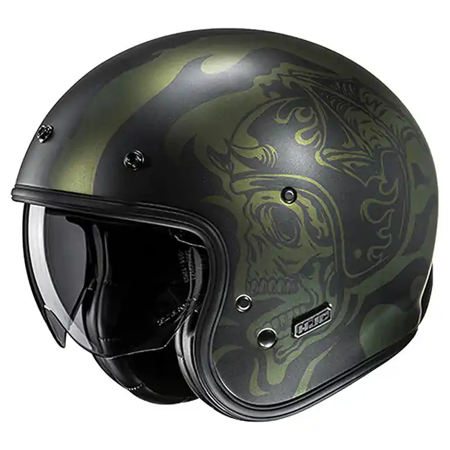 Clearance HJC V31 Flame MC-4SF Open Face Helmet - Black/Green - XS