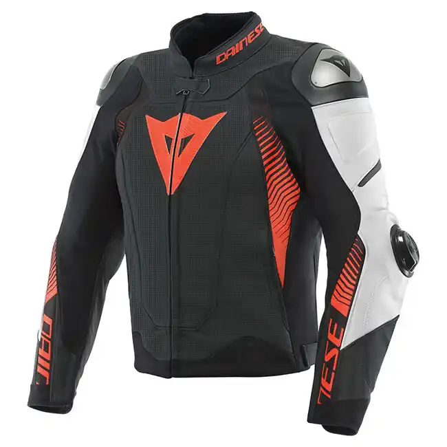 Buy Online Dainese Super Speed 4 Perforated Leather Jacket - Matt Black/White/Fluro Red - 44