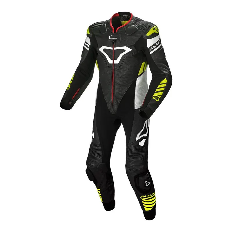 Macna Tracktix 1 Piece Suit Black/White/Neon Yellow Holiday Sale
